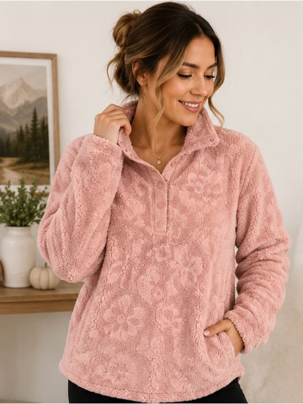 Berkley Jensen Pink Sherpa Pullover Women’s Medium Cozy TeddyFleece Quarter Snap